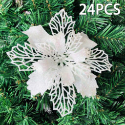 Amorly 24Pcs Glitter Poinsettia Ornaments, White Festive Artificial Flower Decor, Hanging Accessories For Christmas Tree Party Decor - thumbnail 1