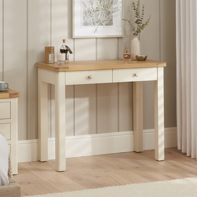 The Furniture Market Marbury Cream Painted Two Drawer Dressing Table Desk Solid Wood Writing Desk Whitewashed Oak Top Bedroom Vanity Or Home Office