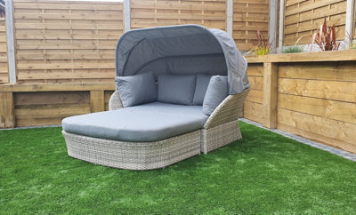 Signature Weave Meghan Wicker Garden Day Bed Sun Lounger Sofa Canopy Hood Grey - image 1