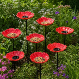 Set Of 8 Ornamental Red Poppy Poppies 65Cm Garden Bird Seed & Nut Feeder Dishes - thumbnail 6