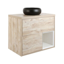 Homestylestore Light Oak 800mm Wall Hung Bathroom Vanity Unit Round Countertop Graphite Basin Open Shelf - thumbnail 1