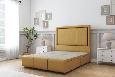 "Sloomy Lancaster Mustard Plush Divan Bed 2 Drawers Left Side-26"" Strutted Headboard 12"" Footboard 4' Small Double" - image 1