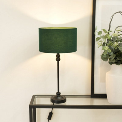 Valuelights Maggie Black Metal Candlestick Slim Table Lamp With Forest Green Fabric Drum Lamp Shade - image 1