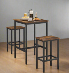 Modcraft Compact Dining Table And 2 Chairs Set With Footrests, Industrial Style, Rustic Brown And Black - thumbnail 2