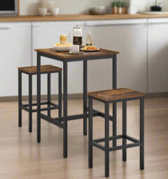 Modcraft Compact Dining Table And 2 Chairs Set With Footrests, Industrial Style, Rustic Brown And Black
