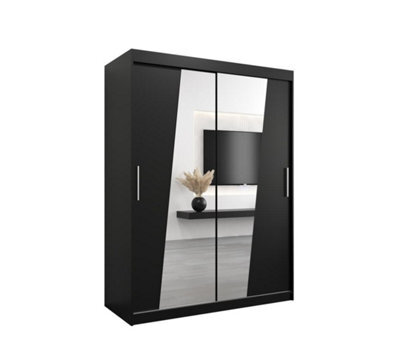 Arte Rhomb Contemporary Mirrored 2 Sliding Door Wardrobe 5 Shelves 2 Rails Black Matt (H)2000mm (W)1500mm (D)620mm - image 1