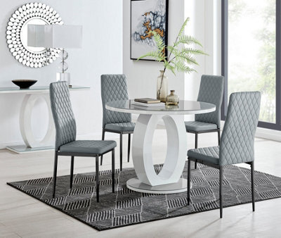 Furniturebox Giovani Round 4 Seat 100Cm White High Gloss Halo Base Grey Glass Top Dining Table 4 Beige Faux Leather Black Leg Milan Chairs - image 1