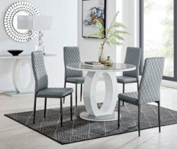 Furniturebox Giovani Round 4 Seat 100Cm White High Gloss Halo Base Grey Glass Top Dining Table 4 Beige Faux Leather Black Leg Milan Chairs