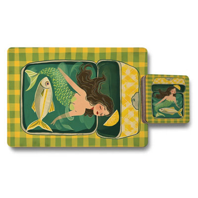 Benjamin Tate Design Mermaid Themed Placemat And Coaster Set With Wood Base Designer Artwork Limited Edition - image 1