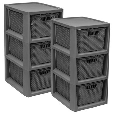 Pluto Packaging 2 X 3 Drawer Grey Stylish Rattan Effect Commode Baskets Home Office Storage Units - image 1