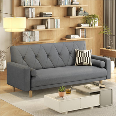 Yaheetech Dark Grey Button-Tufted Fabric 3-Seater Convertible Sofa Bed With 2 Bolster Pillows - image 1