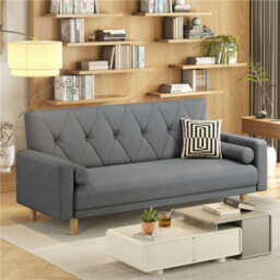 Yaheetech Dark Grey Button-Tufted Fabric 3-Seater Convertible Sofa Bed With 2 Bolster Pillows
