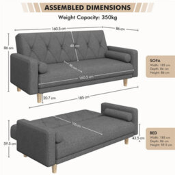Yaheetech Dark Grey Button-Tufted Fabric 3-Seater Convertible Sofa Bed With 2 Bolster Pillows - thumbnail 4