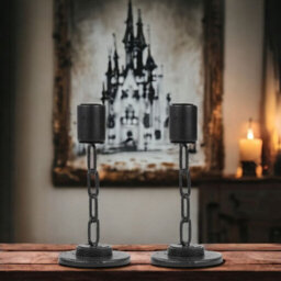 Urbn-Living Urbnliving 2Pcs Small Black Metal Chain Link Design Candle Holder With Wooden Stand Home Décor