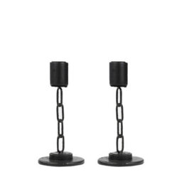 Urbn-Living Urbnliving 2Pcs Small Black Metal Chain Link Design Candle Holder With Wooden Stand Home Décor - thumbnail 2