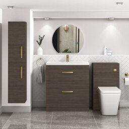Royal Bathrooms Turin Grey Elm 800mm Floor Standing Vanity Unit 2 Drawer With Mid-Edge Basin Sink & Brushed Brass Handles - thumbnail 2