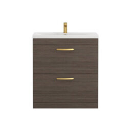 Royal Bathrooms Turin Grey Elm 800mm Floor Standing Vanity Unit 2 Drawer With Mid-Edge Basin Sink & Brushed Brass Handles - thumbnail 6