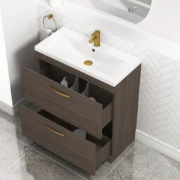 Royal Bathrooms Turin Grey Elm 800mm Floor Standing Vanity Unit 2 Drawer With Mid-Edge Basin Sink & Brushed Brass Handles - thumbnail 5