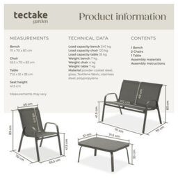 Tectake Garden Furniture Set Nora - Up To 4 People, Textilene Fabric, Weather-Resistant Set 1 (1 X Sofa / 1 X Table / 2 X Armchairs) - Ant - thumbnail 6
