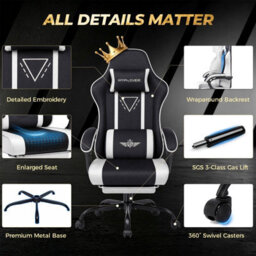 Luckracer Fabric Gaming Chair With Footrest Ergonomic Computer Chair Home Office High Back Heavy Duty Pc Chairs, White - thumbnail 8