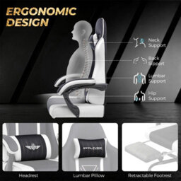 Luckracer Fabric Gaming Chair With Footrest Ergonomic Computer Chair Home Office High Back Heavy Duty Pc Chairs, White - thumbnail 7