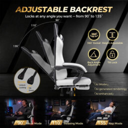 Luckracer Fabric Gaming Chair With Footrest Ergonomic Computer Chair Home Office High Back Heavy Duty Pc Chairs, White - thumbnail 6