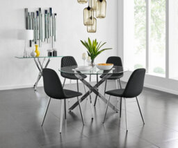 Furniturebox Uk Novara Chrome Metal And Glass Large Round Dining Table And 4 Black Corona Silver Chairs Set - thumbnail 1