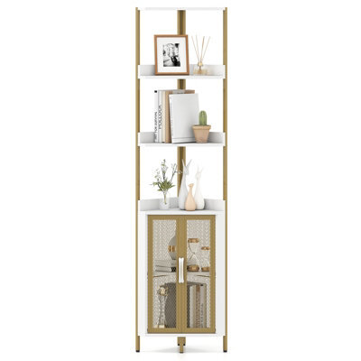 Gainoom 6-Tier Corner Shelf Industrial Bookcase Display Shelf W/ Cabinet-White - image 1