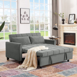 Sofa Bed Double, Convertible 3 In 1 Pull Out Velvet Sofa Bed, 2 Seater Guest Bed Settee, Max Load 300Lbs - Gray