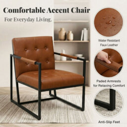 Evre Brown Pu Leather Accent Armchair Tub Chair With Metal Frame - thumbnail 3