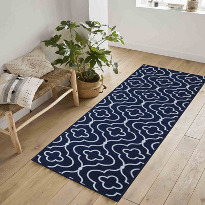 Machine Washable Quatrefoil Design Anti Slip Doormats Navy 67X220 Cm - image 1