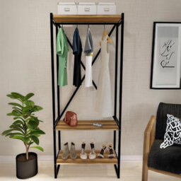 Urbn-Living Urbnliving 160Cm Height 3 Tier Walnut Wooden Coat Rack And Shoe Storage Stand With Metal Frame - thumbnail 2