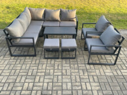 Fimous 9 Seater Aluminium Outdoor Garden Furniture Set Patio Lounge Sofa With Oblong Coffee Table 2 Small Footstools - thumbnail 2