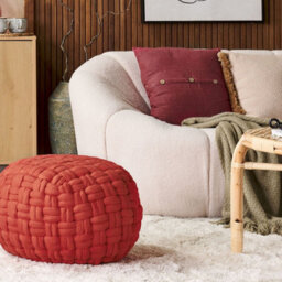 Wyld And Coco Red Velvet Basketweave Pouffe 45 X 35 Cm, Eps-Filled Round Footstool - thumbnail 2