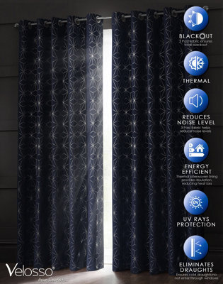 Velosso Blackout Geometric Ring Top Curtains - Energy-Saving, Thermal, Modern, Stylish, Patterned, High-Quality Weave - Navy