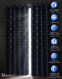 Velosso Blackout Geometric Ring Top Curtains - Energy-Saving, Thermal, Modern, Stylish, Patterned, High-Quality Weave - Navy
