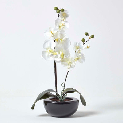 Homescapes Artificial Cream Handcrafted Oriental Style Orchids In Black Bowl, 54 Cm - image 1