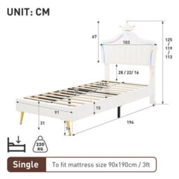 Matteo Cream White Single Upholstered Bed Frame With Rgb Led Adjustable Crown Headboard & Pu Leather Finish - thumbnail 8