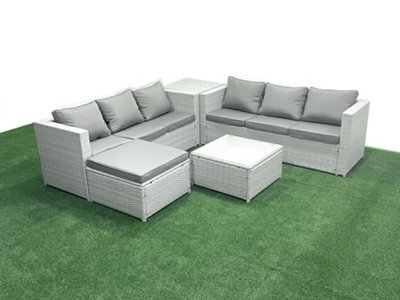 Fimous Rattan Garden Outdoor Furniture Set 7 Seater Rattan Garden Sofa Set Big Stool Side Table Light Grey - image 1