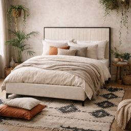 Wyld Haus Killarney King Size Bed Cream Velvet Tall Ribbed Headboard Matt Black Frame - thumbnail 1
