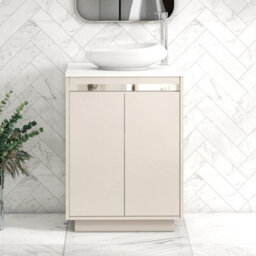 Royal Bathrooms Orion 600mm Warm Taupe Floor Standing Plain White Countertop Vanity Unit 2 Door With Nova Basin & Chrome Accent Trim