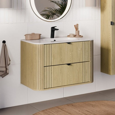 Heze Furniture Ovalia Rounded 2 Drawer Bathroom Cabinet 80Cm Vanity Unit With Basin - Cremona Oak - image 1