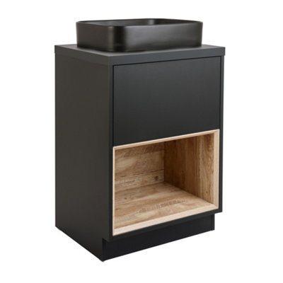 Homestylestore Dark Oak 600mm Led Lit Bathroom Vanity Unit Rectangular Graphite Basin And Open Shelf - image 1