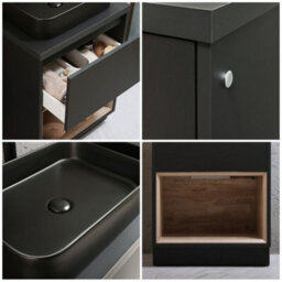 Homestylestore Dark Oak 600mm Led Lit Bathroom Vanity Unit Rectangular Graphite Basin And Open Shelf - thumbnail 2