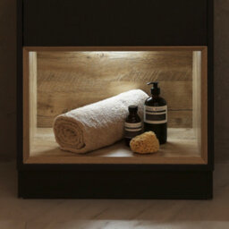 Homestylestore Dark Oak 600mm Led Lit Bathroom Vanity Unit Rectangular Graphite Basin And Open Shelf - thumbnail 3
