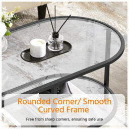 Yaheetech 2-Layer Oval Glass Top Coffee Table With Storage Space Black - thumbnail 6