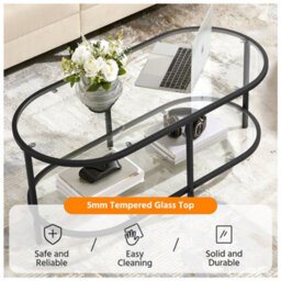 Yaheetech 2-Layer Oval Glass Top Coffee Table With Storage Space Black - thumbnail 5