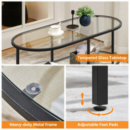Yaheetech 2-Layer Oval Glass Top Coffee Table With Storage Space Black - thumbnail 4
