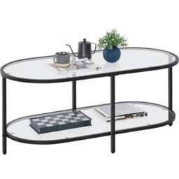 Yaheetech 2-Layer Oval Glass Top Coffee Table With Storage Space Black - thumbnail 2