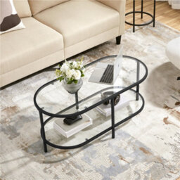 Yaheetech 2-Layer Oval Glass Top Coffee Table With Storage Space Black